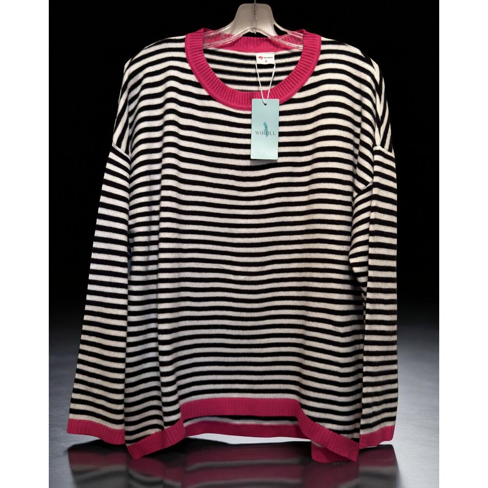 NWT Wiholl Women's Striped Crewneck Pullover Cardigan Black/White/Pink Size S - Picture 4 of 7